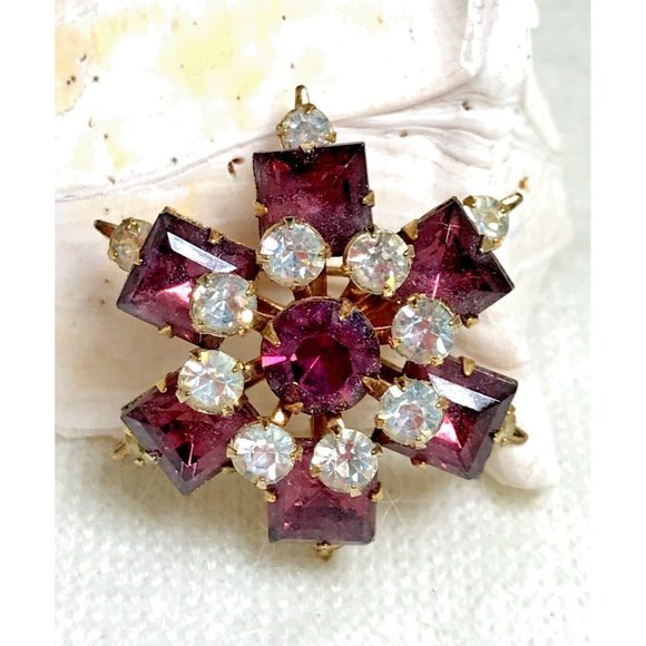 Estate Jewelry - Vintage Gold Tone Brooch with Purple and Clear CZs